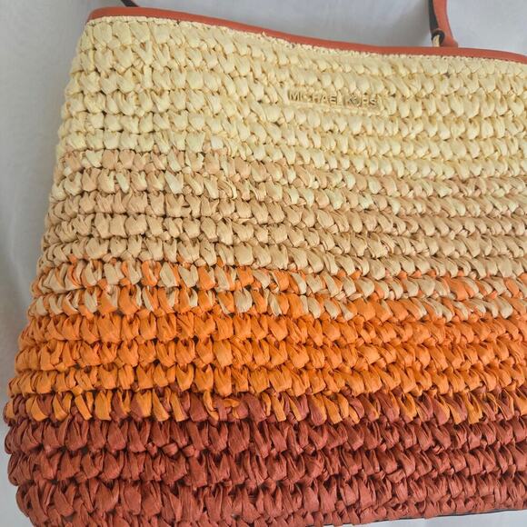 Michael Kors Pratt Medium Ombre Straw Shoulder Bag Red Clay Orange Summer Boho - Picture 6 of 15